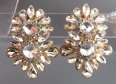 Vintage ROSE GOLD TONE Clip-On Earrings CLEAR RHINESTONES Glamour COCKTAIL PARTY • $12.80