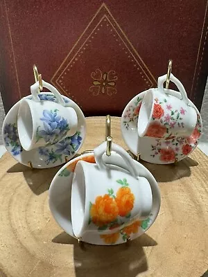 Floral Tea Cups And Saucers With Wire Racks Miniatures EUC! 3 In Lot • $3.50