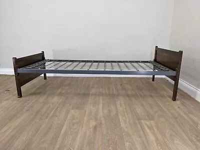 SINGLE BED FRAME Vintage Metal And Oak Spring Wire Foundation Wooden Headboard • £75