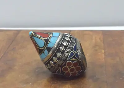 Middle Eastern Silver Coral Turquoise Inlay Ring • $160