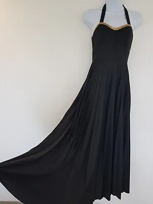 Vintage Maxi Dress Long Black Satin Ball Gown Retro Size 4 6 Prom Pleated 60s • £45