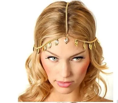 VTG DECO Gold Chain Goddess LEAF Roman Greek Festival Hair Jewel Headband Head • £4.99