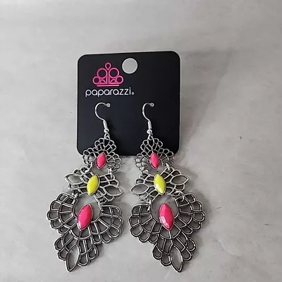 Neon Chandelier Earrings Pink Yellow Silver Tone Pierced Ear • $1