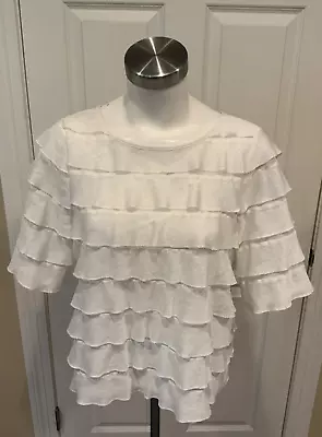 Vanessa Virginia White Sheer Textured Shirt W/ Tiered Ruffles Size Small • $22.60