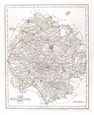 OLD ANTIQUE MAP SOUTH HEREFORDSHIRE C1787 ENGRAVING By JOHN CARY ORIGINAL COLOUR • £18