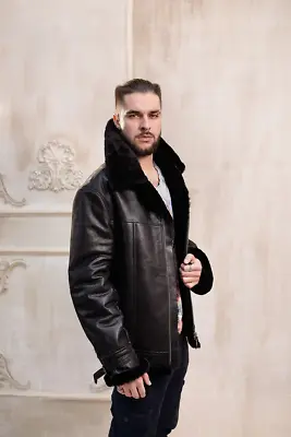 Men's Aviator Black B3 Real Shearling Sheepskin Leather Bomber Flying Fur Jacket • $192.50