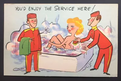 Sexy Lady In Hotel Bathtub Linen 1940 Vintage Comic Humor Postcard 1940's • $4