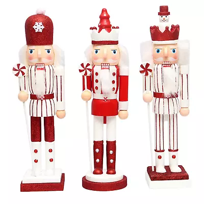 3 Candy Cane Nutcrackers Christmas Wooden Ornament Figurine 38cm Xmas Home Decor • £14.14