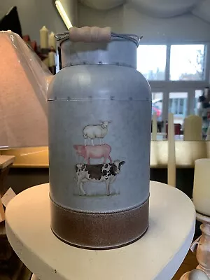 Metal Milk Can With Stacked Animals On Rustic Grey With Wooden Handles 23x13cm • £14