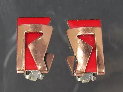 Vintage Signed MATISSE Red Enamel Copper Overlay Abstract Clip On Earrings • $24.95