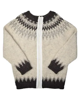 Vintage Hand Knit Wool Sweater Womens L Full Zip Nordic Fair Isle Heavy Knit • $25.82