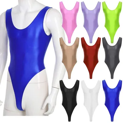 Mens Glossy Backless Bodysuit Sleeveless Leotards One-piece Swimsuits Yoga Sport • £4.99