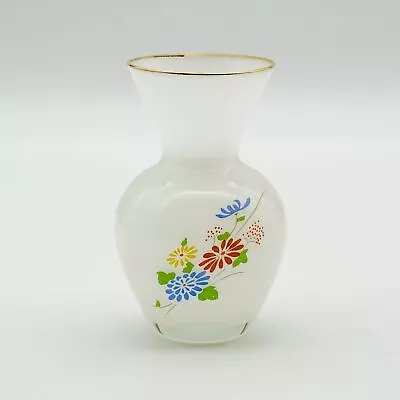 Vintage German Miniature Frosted Glass Vase 4.25  Floral Pattern Gold Trim 1970s • $9.99