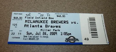 Milwaukee Brewers 7/26/2009 Ticket Stub Vs Atlanta Braves Brian McCann HR Lowe W • $4.99