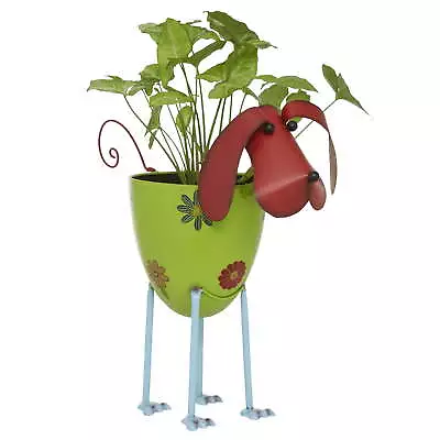 Green Farmhouse Metal Indoor/Outdoor Dog Shape Planter With Floral Design • $33.52