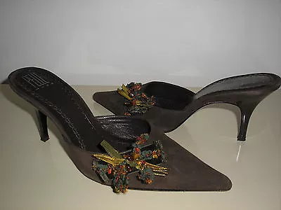 PELLE MODA Dark Brown Suede Pointy Toe Pumps Heels Mules Evening Shoes - Size 7M • $34.99