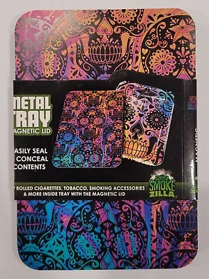 Smokezilla 7 X 5  Metal Rolling Tray Magnetic Lid Tye Dye Skull Stash Box NEW • $11.99