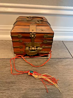 Vintage Chinese Wooden Jewelry Box Brass Trinket W/ Lock & Key 4 1/2  • $35