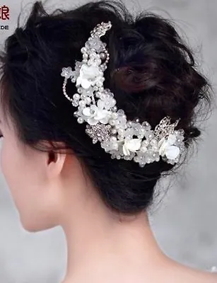 £24.99 • Buy Bridesmaids Bridal White Vintage Style Pearl Crystal Side Hair Vine Slide Tiara
