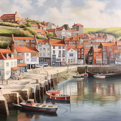 Yorkshire Coast Harbour Painting Art Luxury Canvas Wall Picture Print Colourful • £59.99