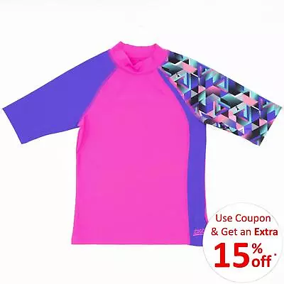 Zoggs Girls Sun Top Pink Swimming Short Sleeve Rash Vest UPF Protection 50+ • £17.95