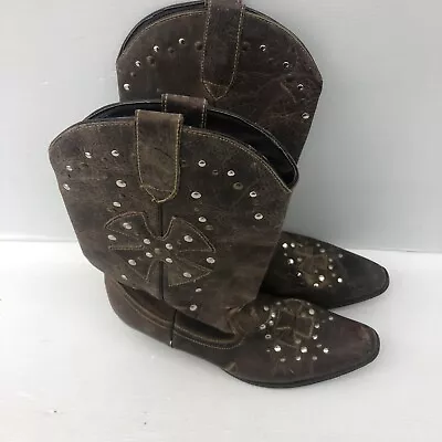 Oak Tree Farms Brown Leather Studded CrossCowgirl Western Boots Women 8.5 • $22.75