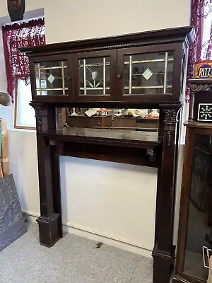 Victorian Oak Fireplace Mantle With  Leaded Glass & Mirror • $2299