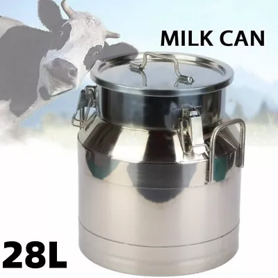 Stainless Steel Milk/Oil Churn Can Bucket Rice Grain Container W/ Handle&lid 28L • $58.73