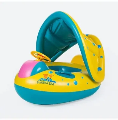 Kid Inflatable Swimming Boat Seat With Sunshade Baby Swim Float Ring For Pool UK • £10.99