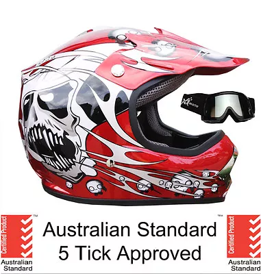 Kids Helmet 4 Dirt Bike Peewee Quad Motocrosss S M L Red Skull  + Goggles • $89.95