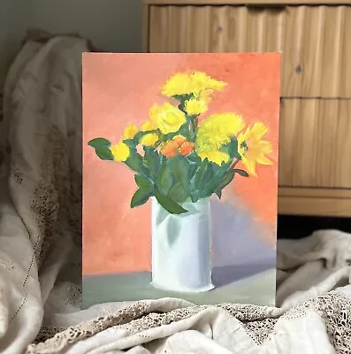 Vintage Acrylic Painting Still Life Flowers On Canvas Board • $28