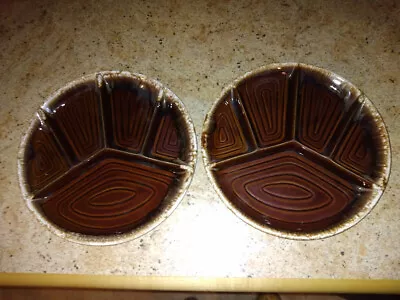 2 Brown Drip Divided Fondue Plates Vintage 9 3/8  EUC Unmarked • $9.99