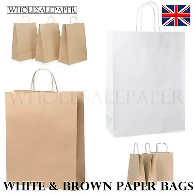 £6.39 • Buy Brown White Kraft Small Large Paper Carrier Bags With Handles 50 100 Party Gift