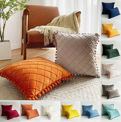 £3.29 • Buy 18/20 Velvet Check Pom Poms Cushion Cover Soft  Pillow Case Sofa Bed Home Decor