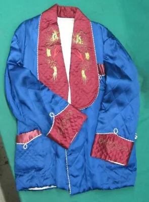 Vintage Japanese Silk Smoking Jacket 1940's 1950's Embroidered Dragons Mint (74) • $295