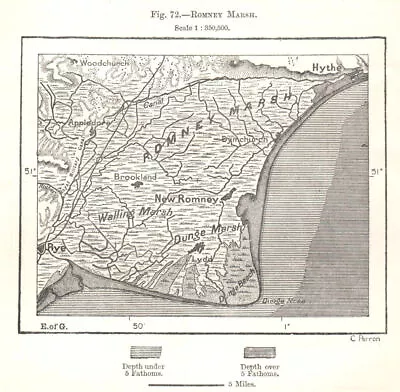 Romney Marsh. Kent Sussex Rye Hythe. Sketch Map 1885 Old Antique Chart • £15.99