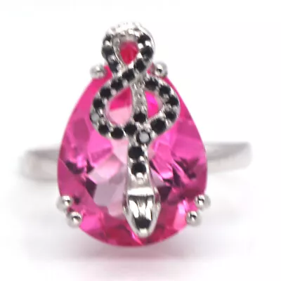 Gemstone Pink Mystic Topaz & Black Spinel Statement Ring 925 Silver Size 5.75 • $9.99