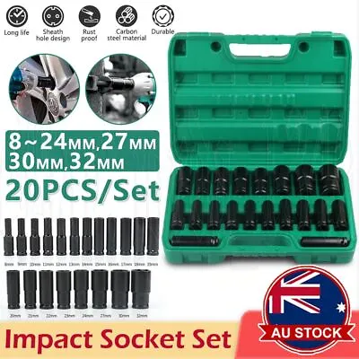 $34.95 • Buy 20pcs Impact Socket Set 8-32mm 1/2 Metric Imperial Drive Air Garage Deep New OZ