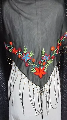   Sheer Black With Bright Floral Border   - Wrap - Cejon - Beaded Fringe • $9.89