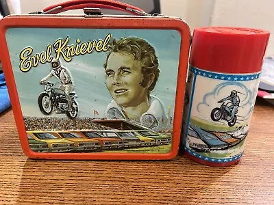 Vintage 1974 Evel Knievel Metal Lunch Box & Thermos Aladdin • $190