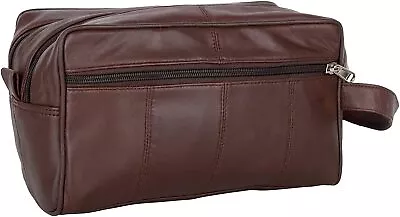 Genuine Leather Unisex Brown Toiletry Travel Bag With Double Zipper /Shaving Bag • $34.95