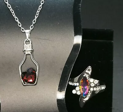 Jewelry Set Heart Message In A Bottle Necklace Rainbow Rhinestone Ring Sz 8.5 • $11.99