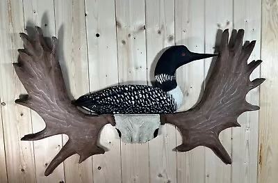 SALE Carved Loon Wall Moose Antlers  Art Chainsaw Carving Rustic Cabin Folk Art • $75