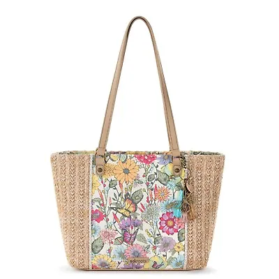 The Sakroots Metro Tote Straw Shoulder Bag In Pinkberry In Bloom With Bag Charm • $99.36