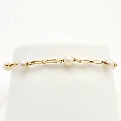 14K Gold Akoya Pearl Paper Clip Bracelet Child Adult Grow With Me 7in Vintage • $295