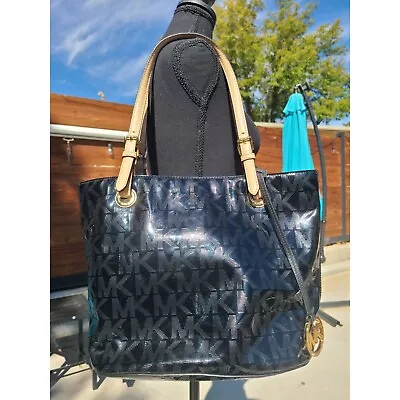 MICHAEL KORS Black MK Logo Monogrammed Patent Leather Tote Purse Handbag • $60