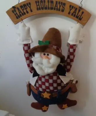 HAPPY HOLIDAYS Y'ALL Greetings Wall/Door Hanging Sign Decor SANTA Cowboy Figure • $7.99