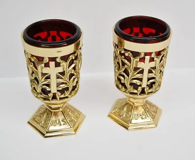 Pair Of Brass Votive Candle Holders With Red Glass #284 • $165