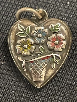 Vtg Antique Sterling Silver Puffy Heart Charm RARE ENAMEL YELLOW BLUE RED FLOWER • $15