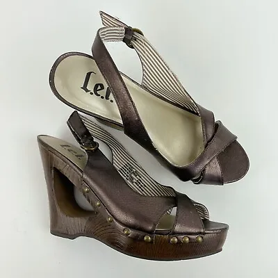 Y2K LEI Wedge Chunky Sandals Brown Tan Studs Heels Shoes Size 9.5 • $65